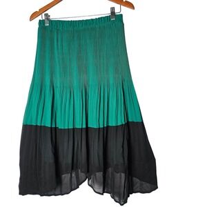 VERO MODA Green‎ Black Pleated Midi Skirt Elastic Waist Sheer Hem Size M